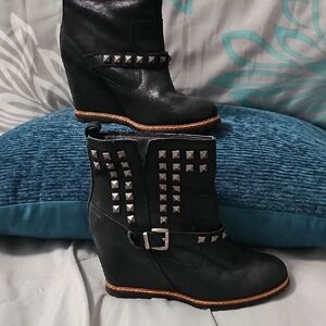 Studded Black Wedge Boots
